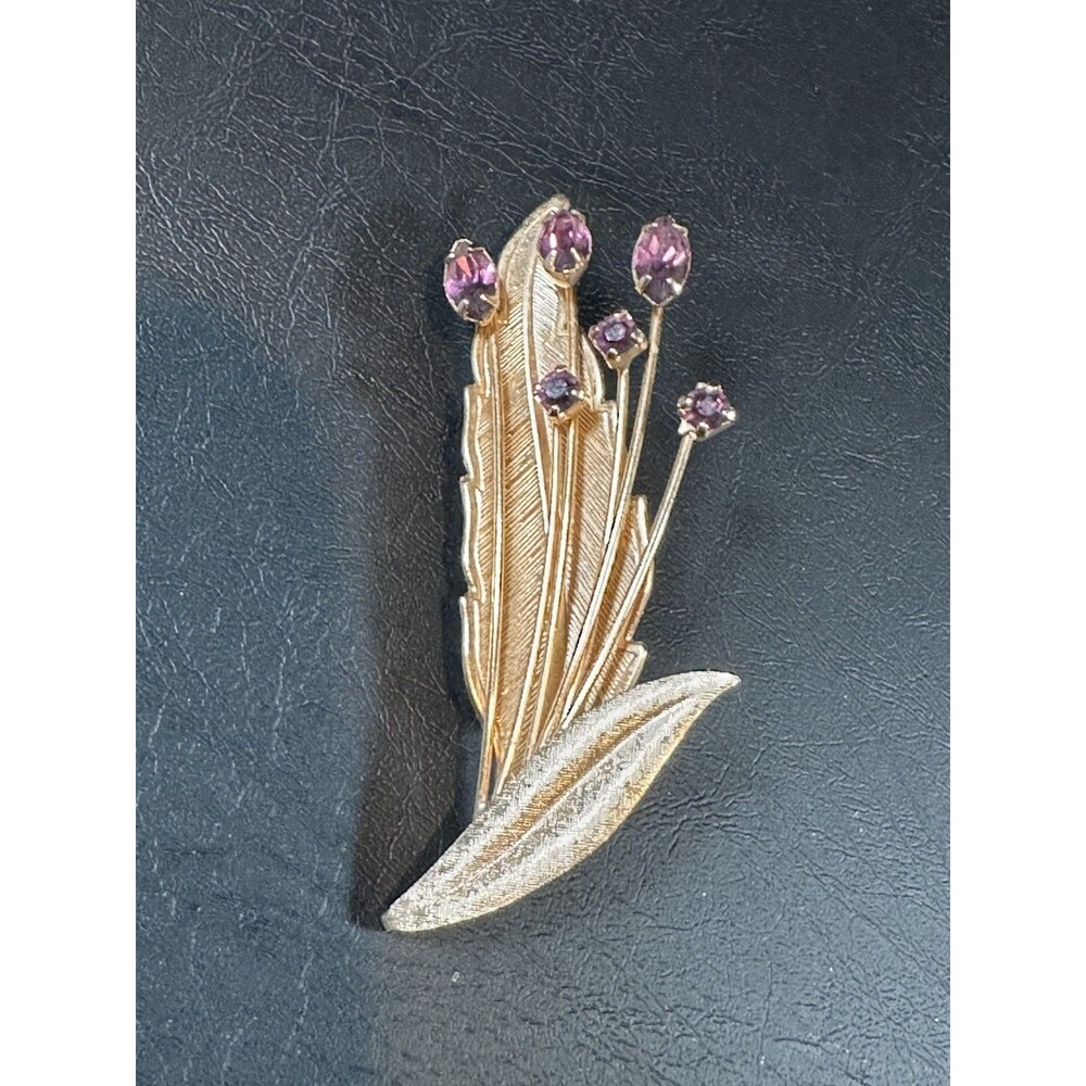 Vintage Leaf with flowers Brooch Pin Gold Tone Purple Faceted Stones